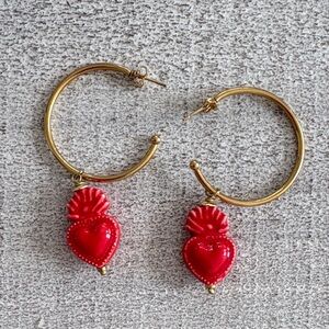 Gold Hoop Earrings with Red Heart Charm